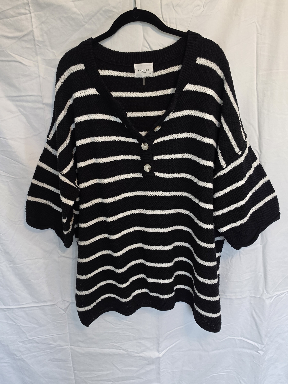 ANDREE BY UNIT Black & White Striped V-Neck Button Knit Sweater 2X